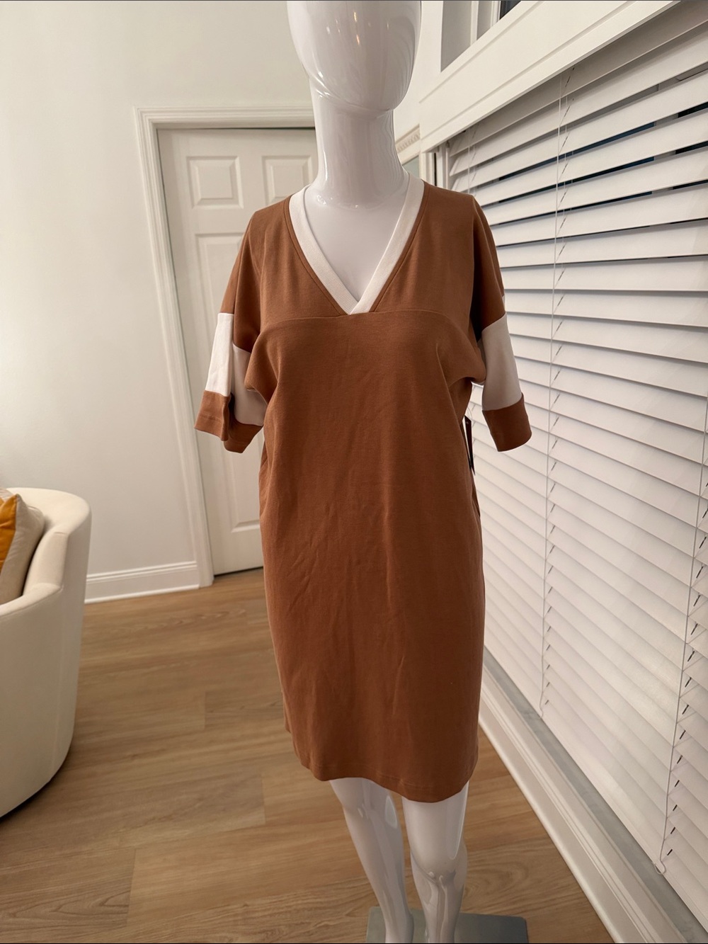 SO Brown V-Neck Tunic /Dress with White Trim